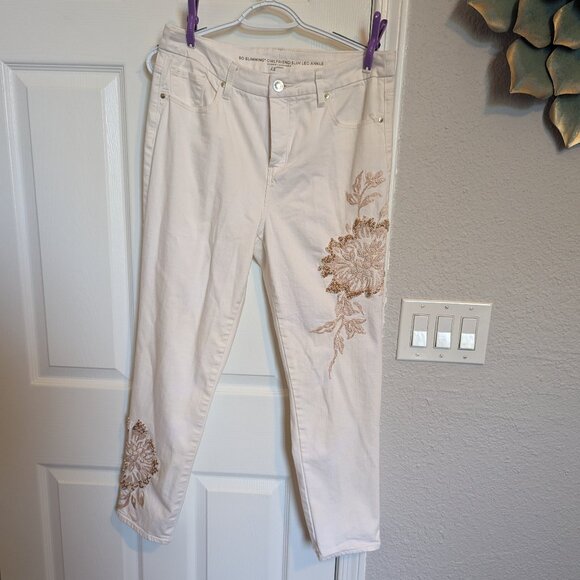 Chico's Denim - BEADED & Embr FLORAL Jeans | Natural & Tan | Chicos size 1 | 8 | STRETCH | EUC